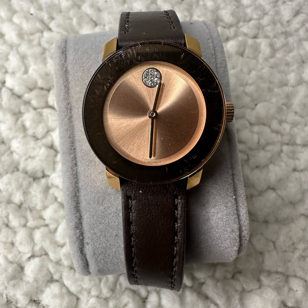 Movado Women’s Brown Leather Watch with Rose Gold Dial